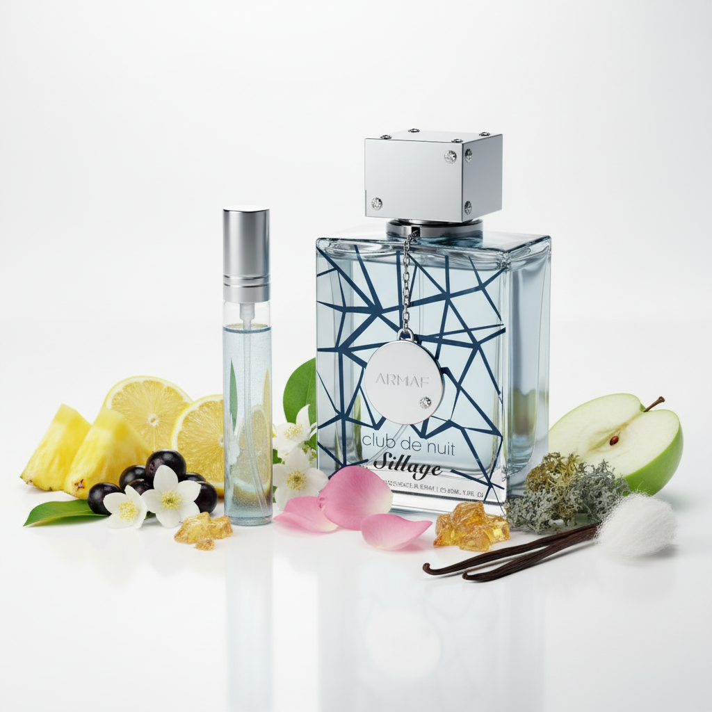 Armaf Club de Nuit Sillage EDP – White Background with Ingredients
