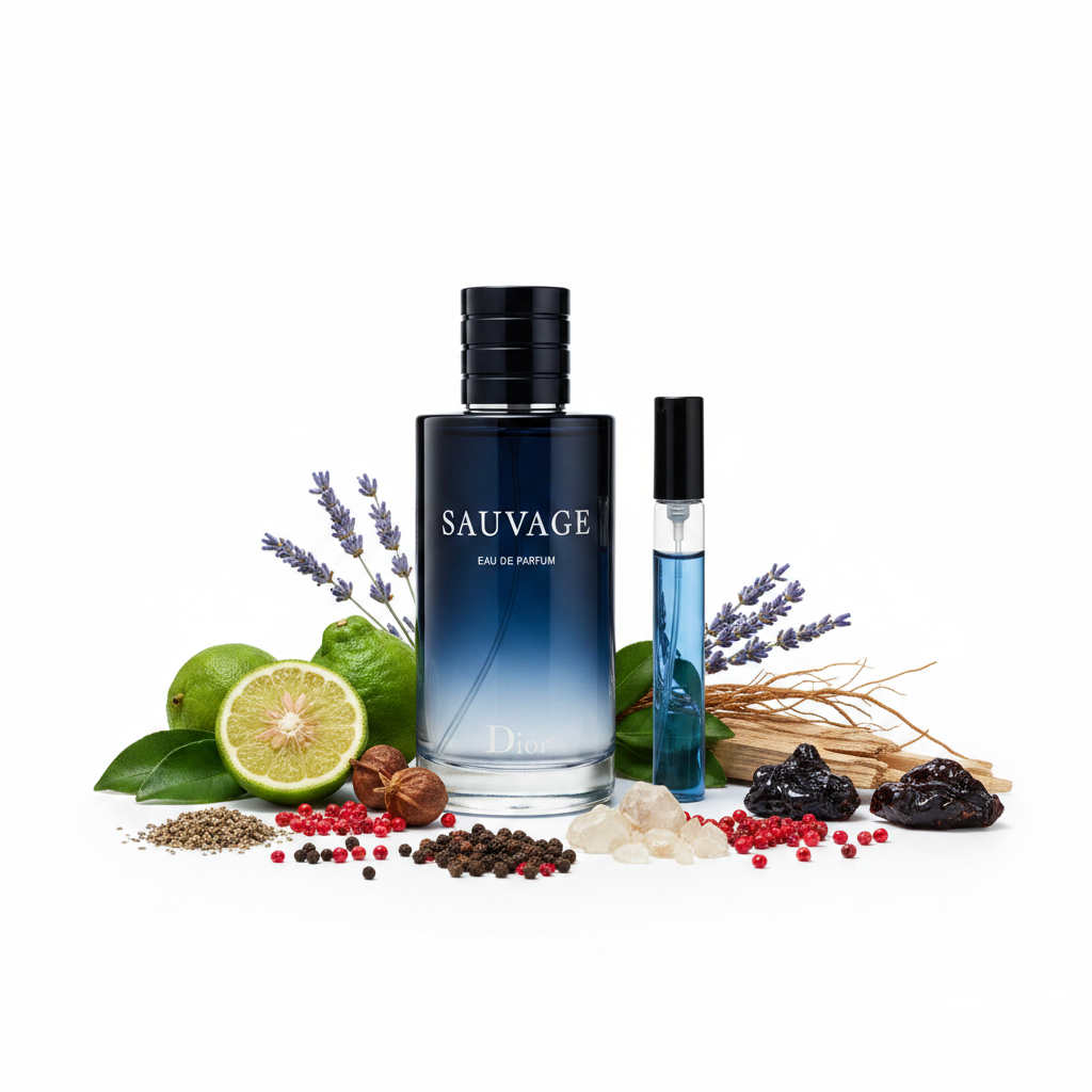Dior Sauvage EDP – White Background with Ingredients