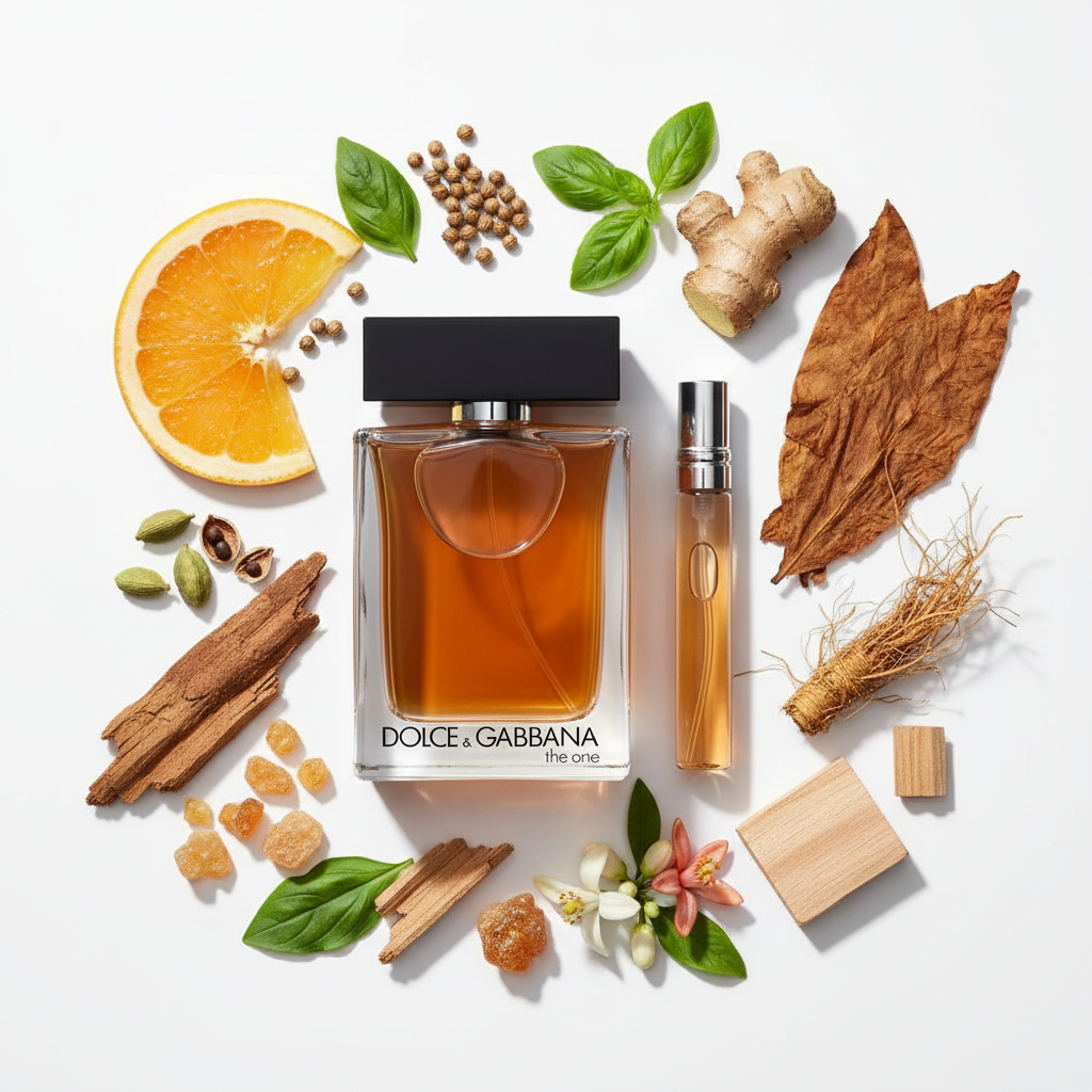 Dolce & Gabbana The One for Men EDT – White Background with Ingredients