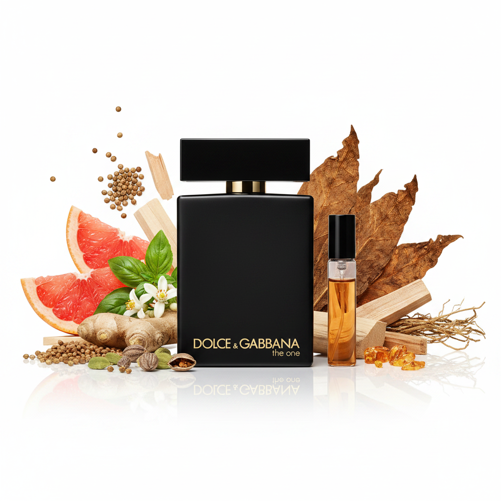 Dolce & Gabbana The One Intense EDP – White Background with Ingredients