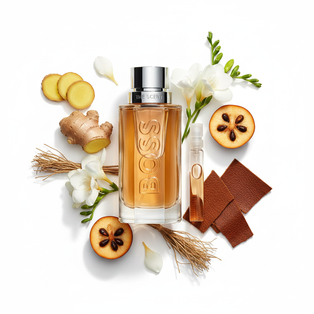 Hugo Boss The Scent EDT – White Background with Ingredients