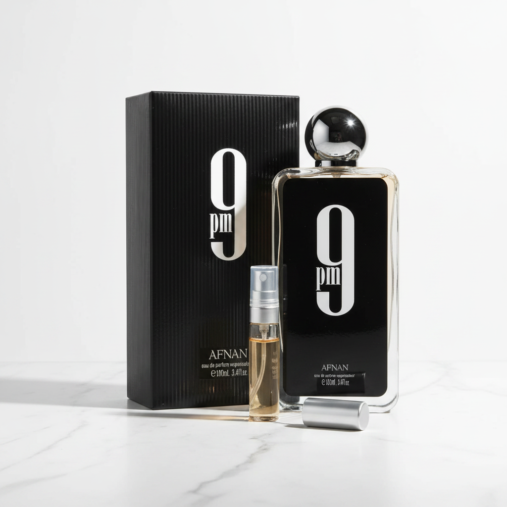 Afnan 9PM EDP decant sample vial white background