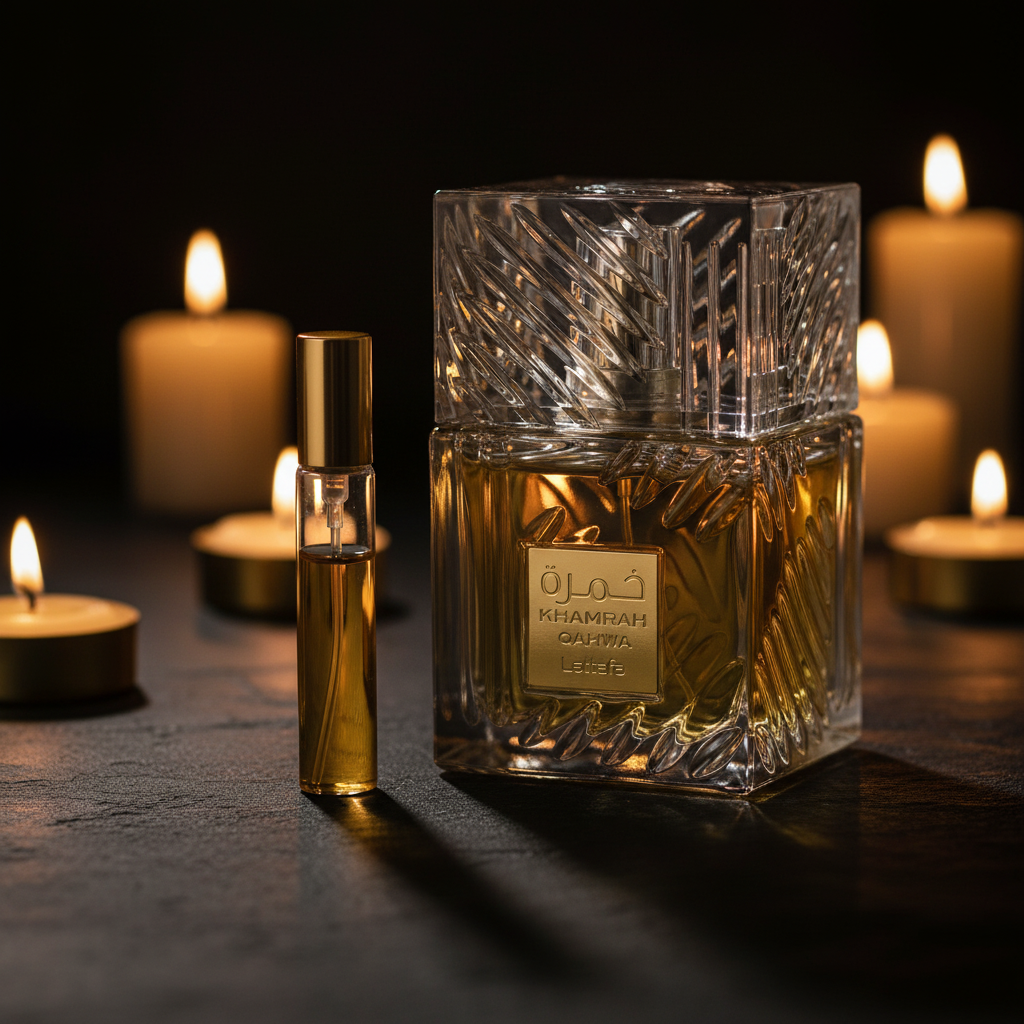 Lattafa Khamrah Qahwa EDP decant sample vial