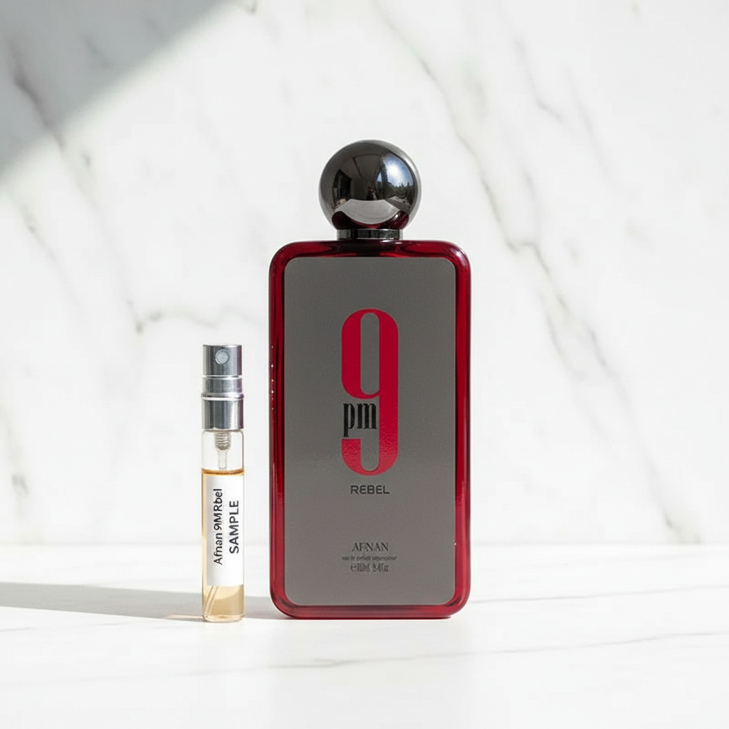 Afnan 9PM Rebel EDP decant sample vial white background