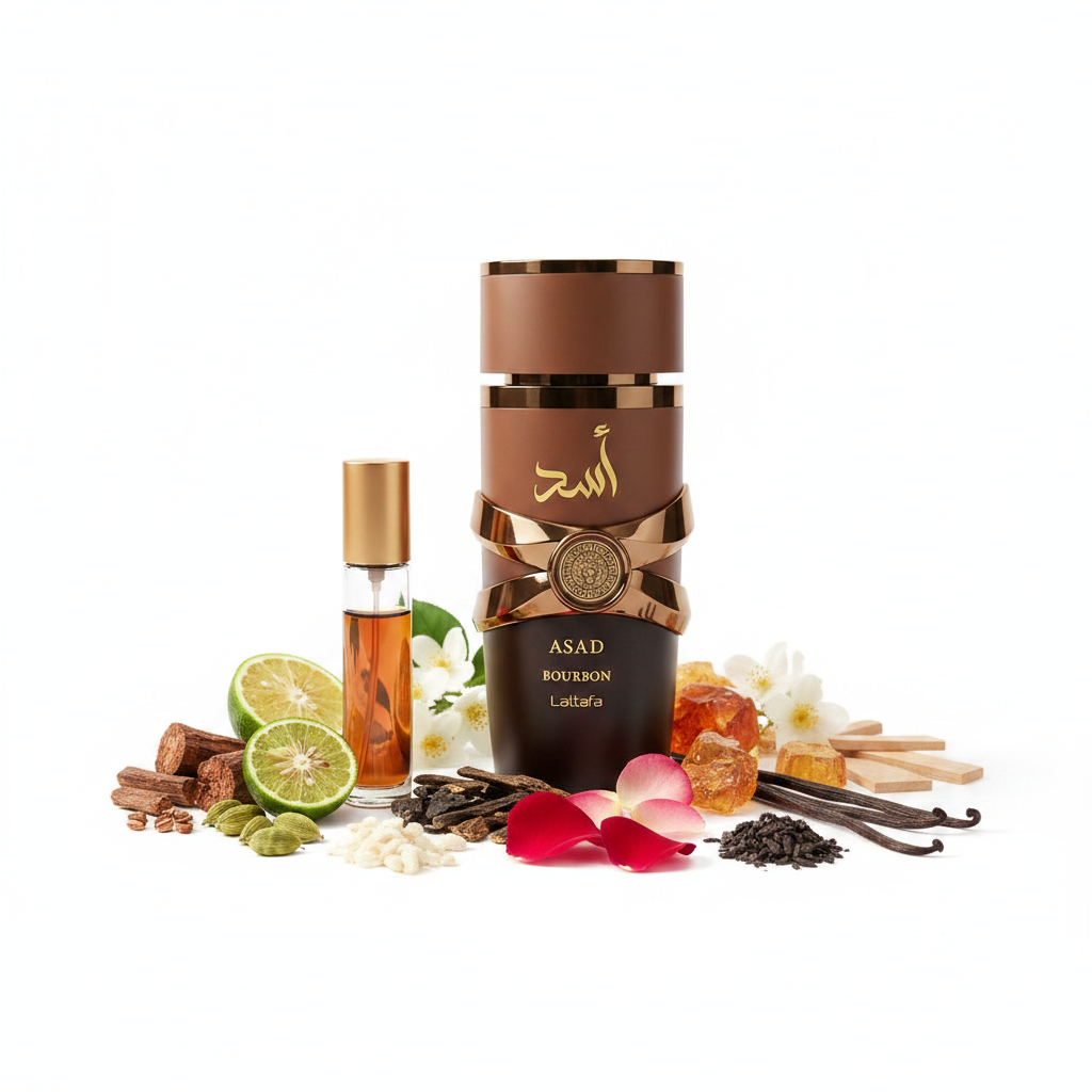 Lattafa Asad Bourbon EDP – White Background with Ingredients
