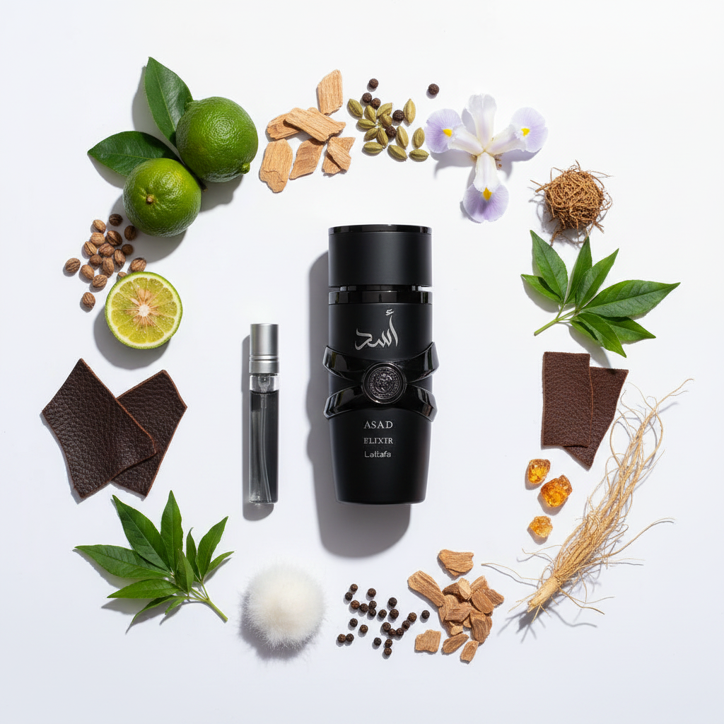 Lattafa Asad Elixir EDP – White Background with Ingredients