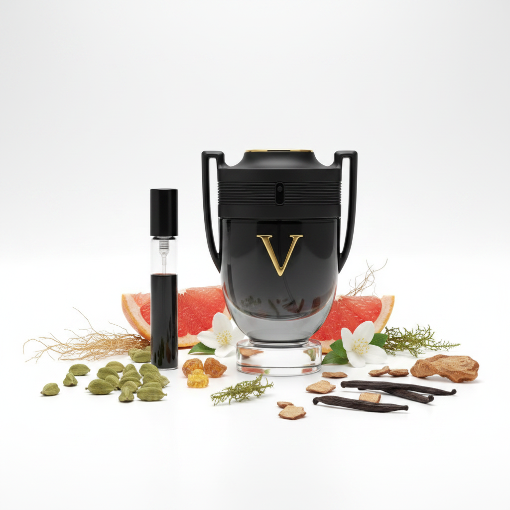 Paco Rabanne Invictus Victory EDP Extrême – White Background with Ingredients