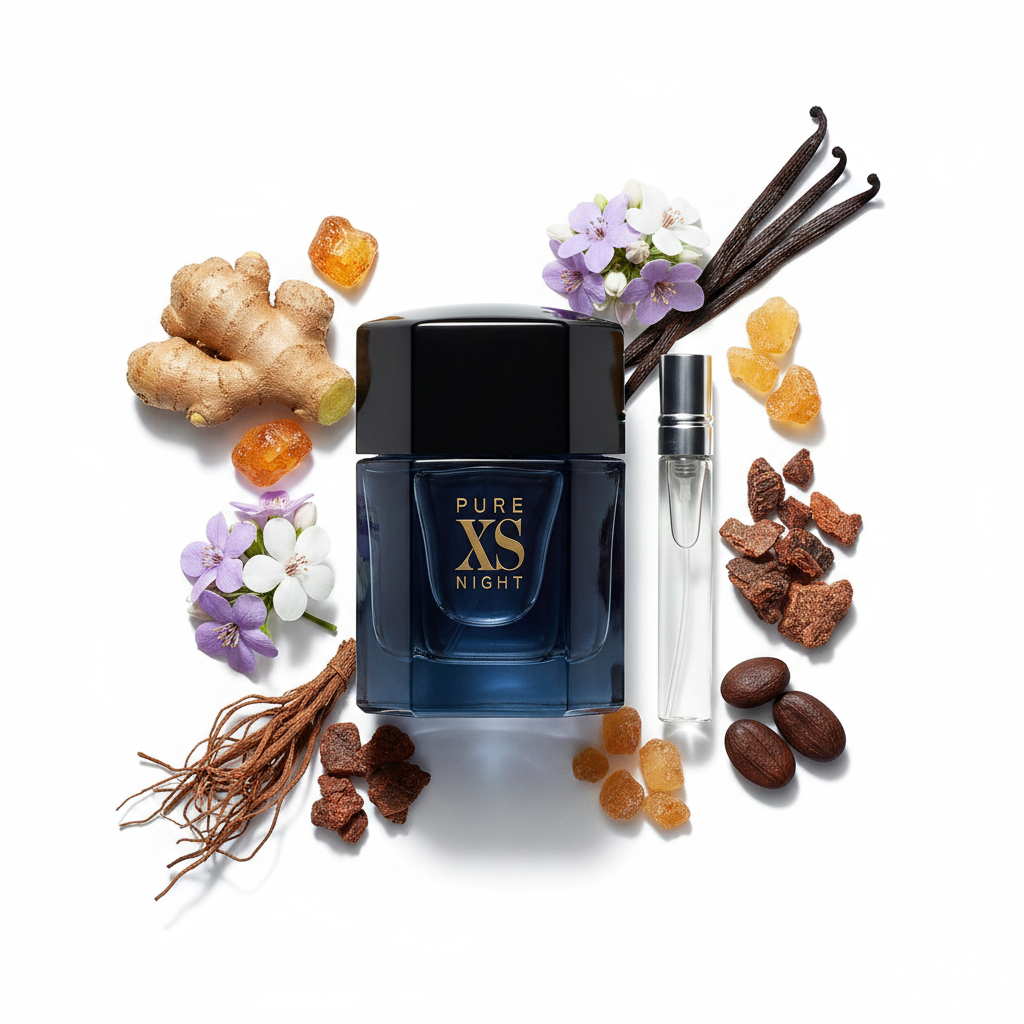 Paco Rabanne Pure XS Night EDP – Corrected Colour, White Background with Ingredients