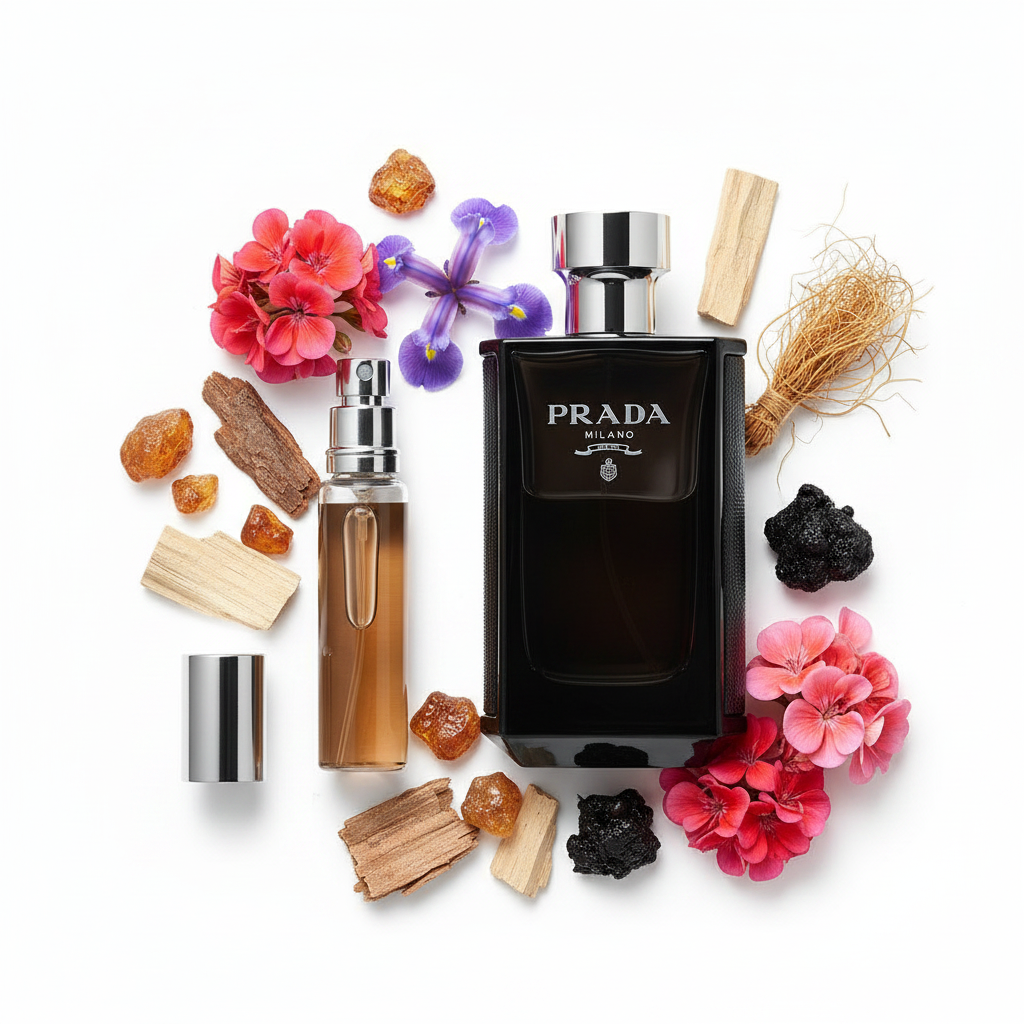 Prada L'Homme Intense EDP – White Background with Ingredients