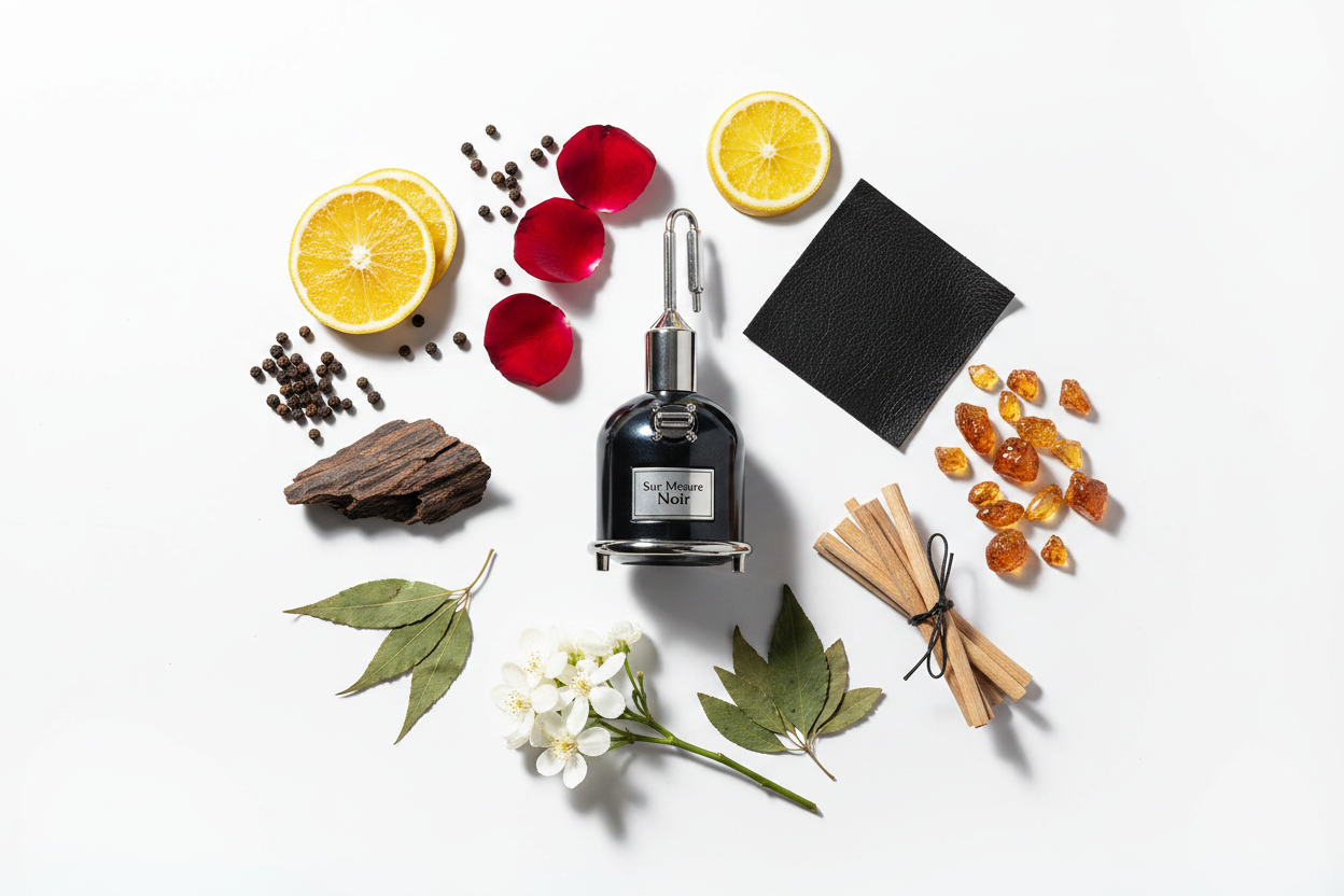 Sur Mesure Noir — White Background Ingredient Flat Lay