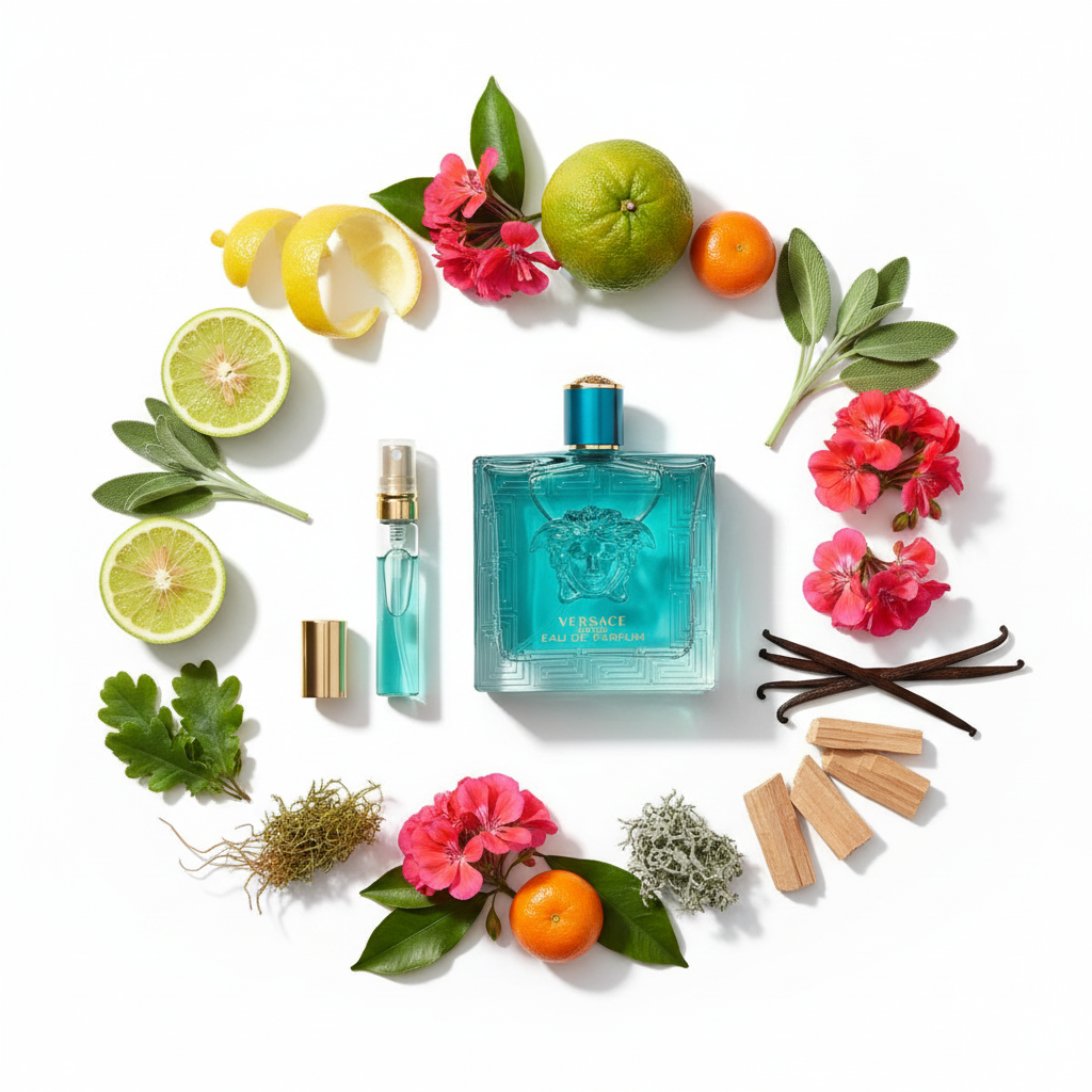 Versace Eros EDP – White Background with Ingredients