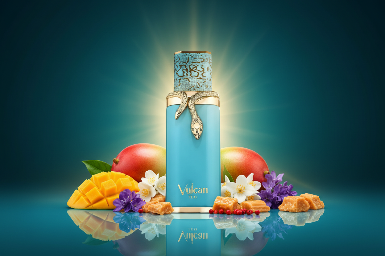 Vulcan Feu — Turquoise Bottle Color Background Ad