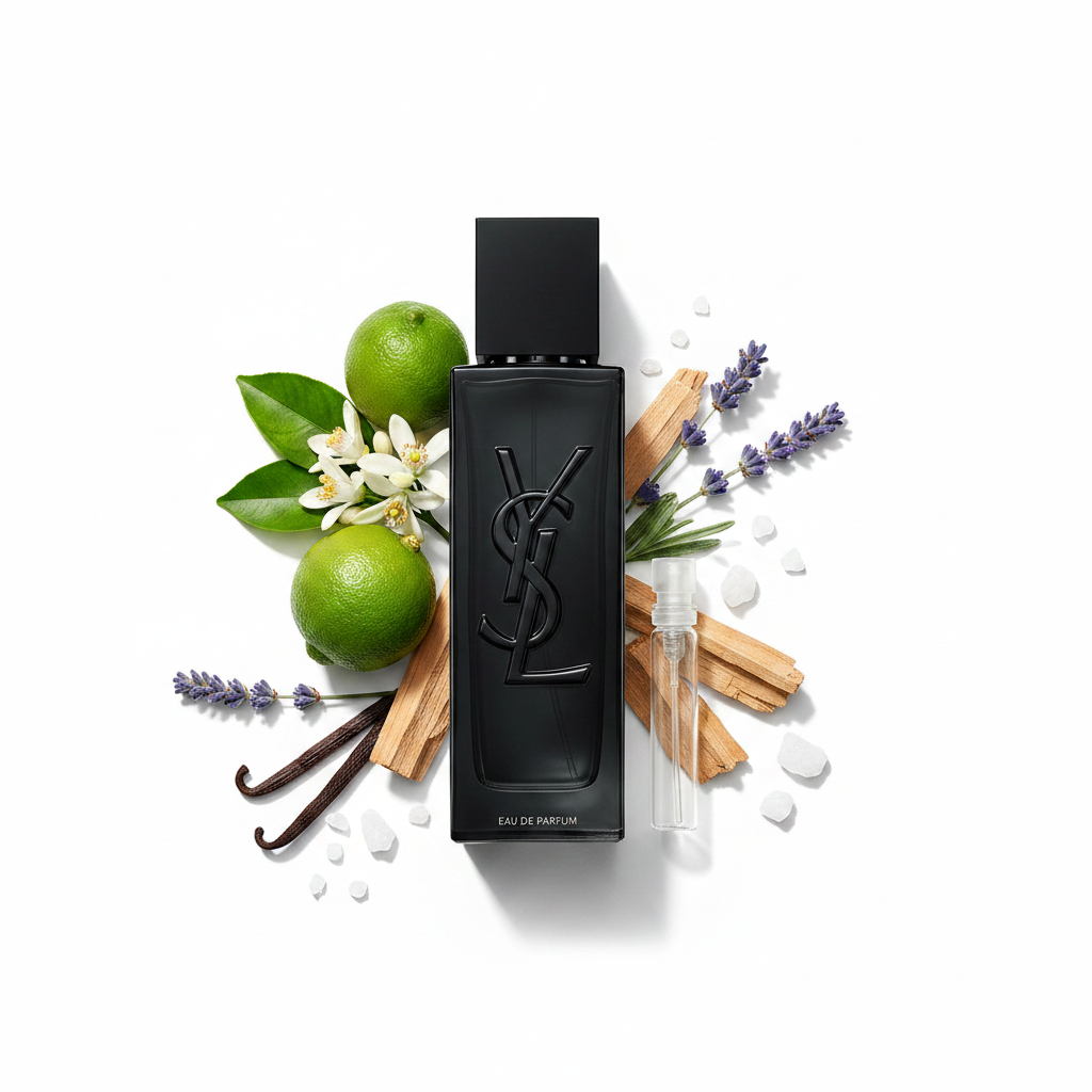 YSL MYSLF EDP – Black Bottle with Ingredients on White